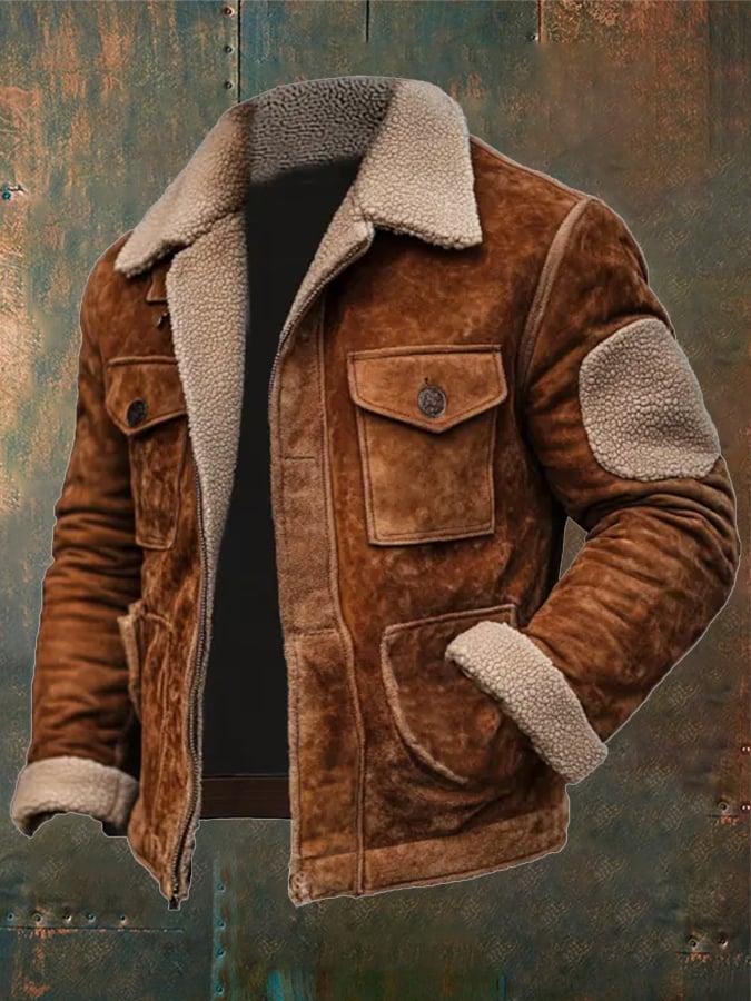 Heren Vintage Suede Fleece Patchwork Outdoor Jas Laatste dag 80% korting!