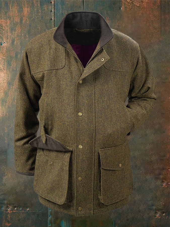 Heren Western Vintage Outdoor Jacht Rits Knop Herringbone Casual Jas Laatste dag 80% korting!