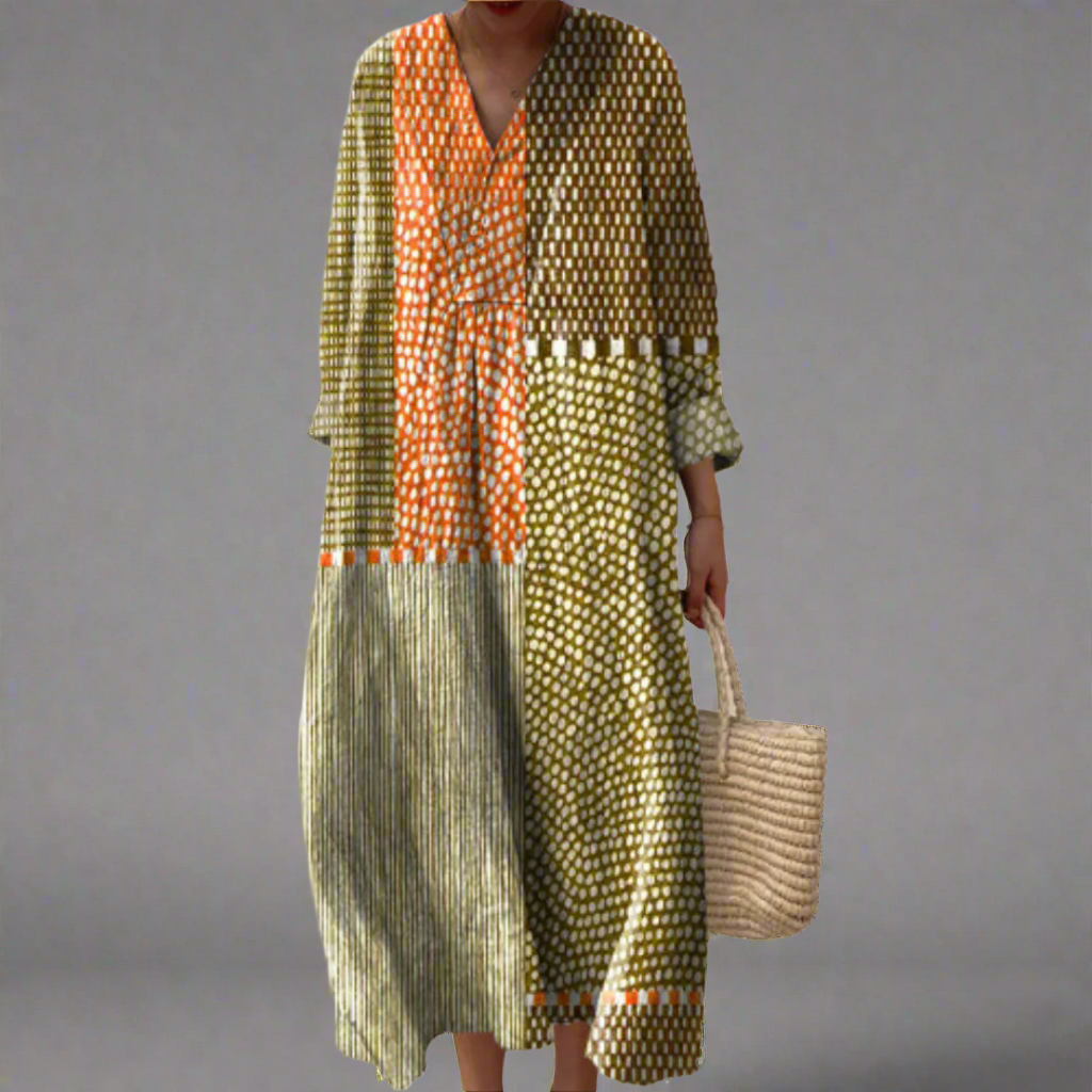 Vivienne | Aardse Patchwork Gestippelde Midi Jurk