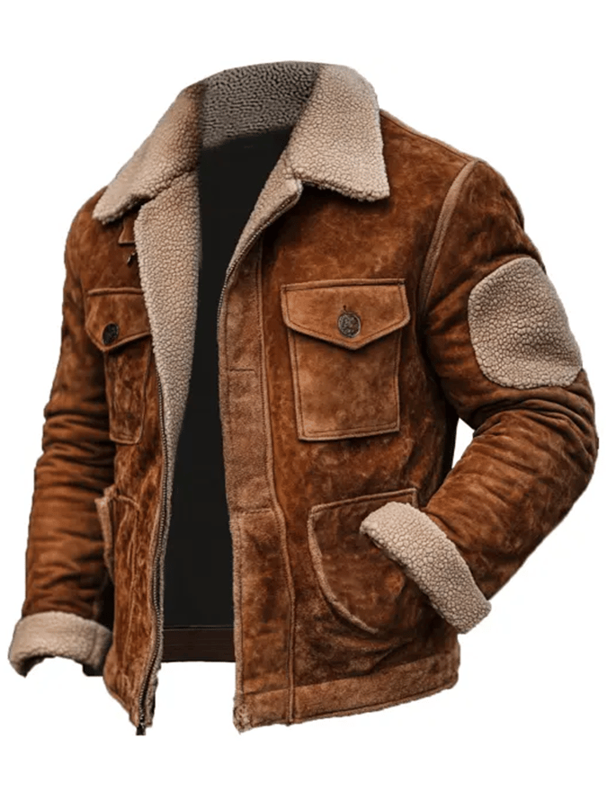 Heren Vintage Suede Fleece Patchwork Outdoor Jas Laatste dag 80% korting!